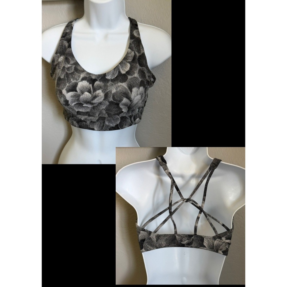 Athleta Sports Bra Womens Small Gray Floral Print Strappy Cross Back Athletic